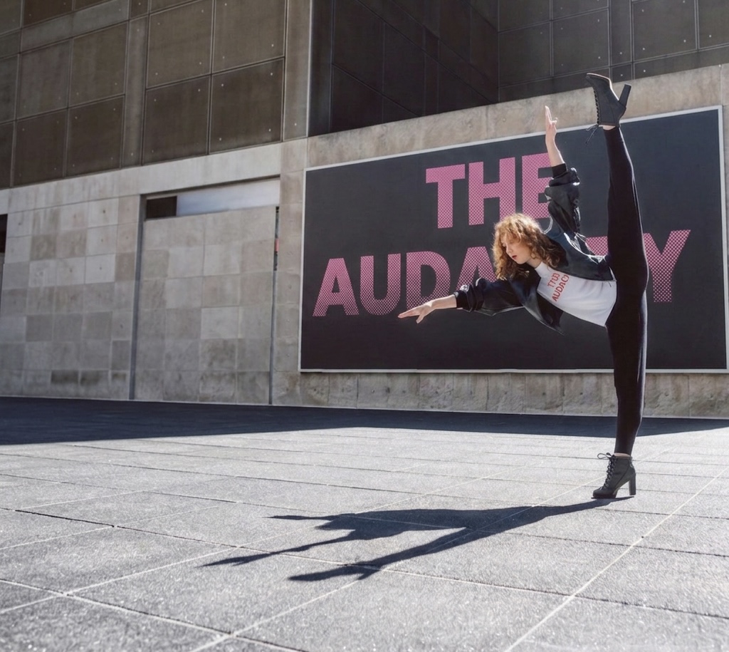 Dancer in a full vertical extension beside The Audacity! billboard